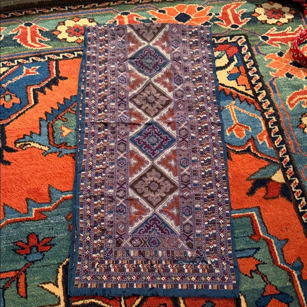 Vintage Oscar De La Renta 52x12 Silk Scarf, Jewel tone Colors, Stunning Fringe